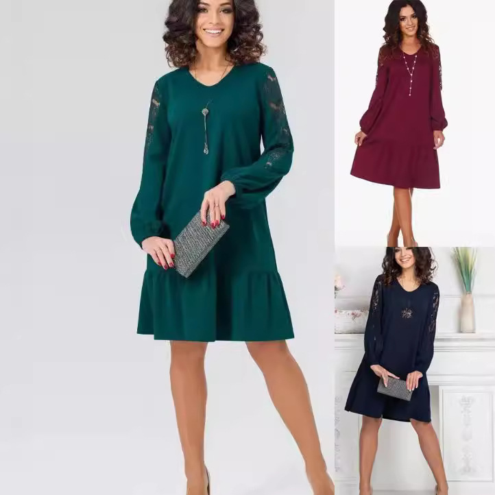 Round Neck Long Sleeve Hollow Lace Slim Fit Patchwork Dress