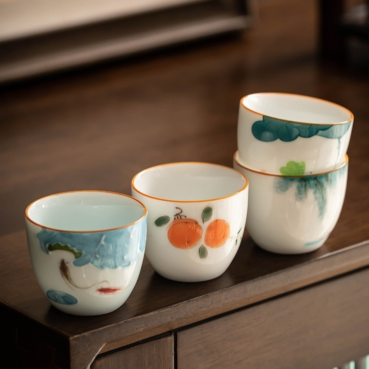 White Jade Hand Painted Tea Cup Porcelain Kung Fu Set