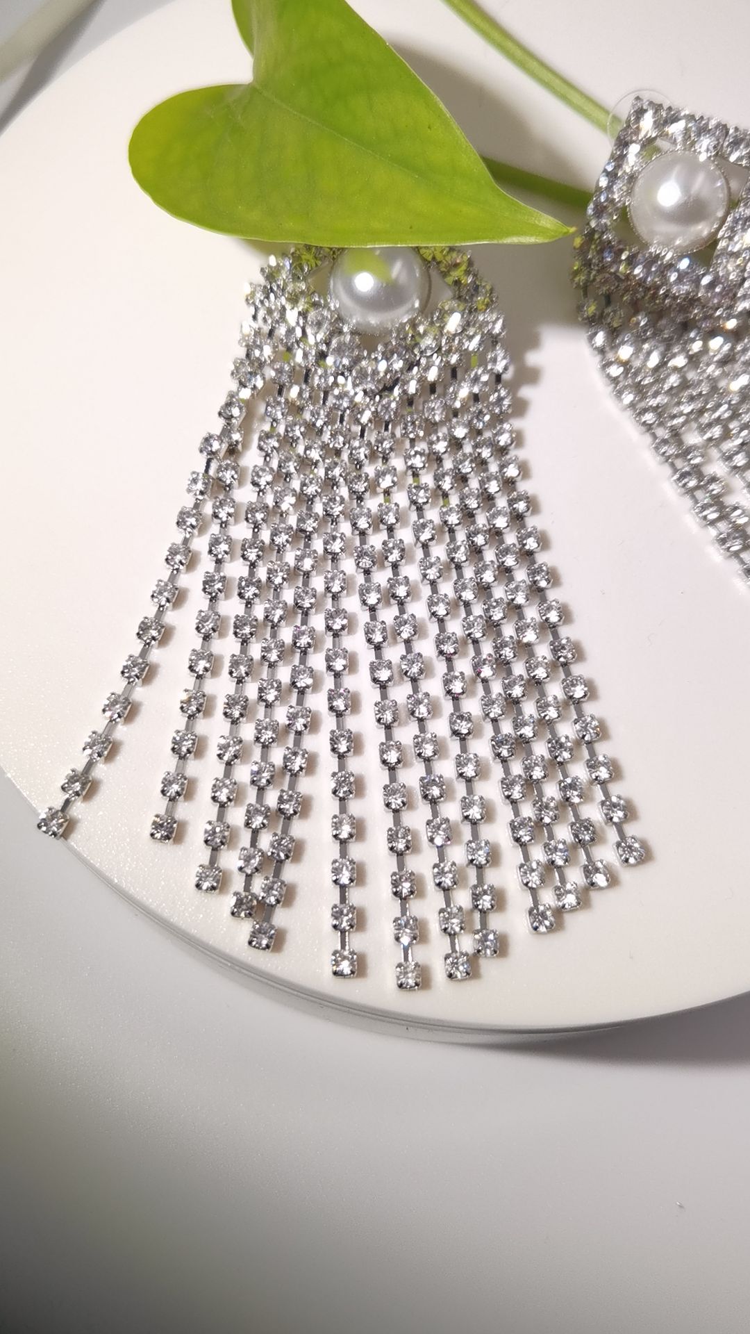 Silver Sparkling Fringe Earrings With Pearl Accent