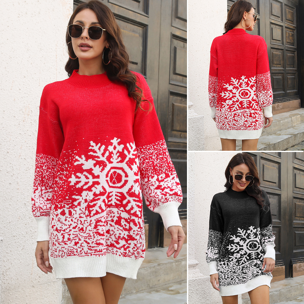 Christmas Snowflake Sweater Dress Loose Pullover Knitted Dresses Fall
