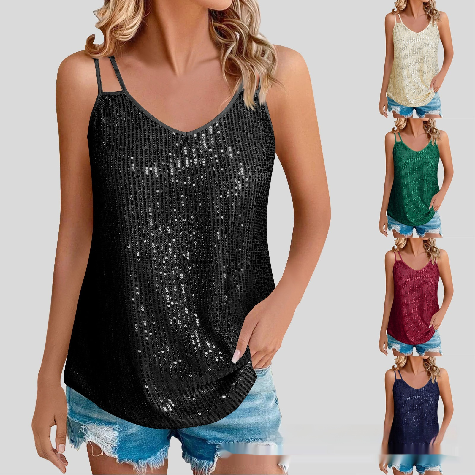 Girl Vest Sequins V-neck Strap