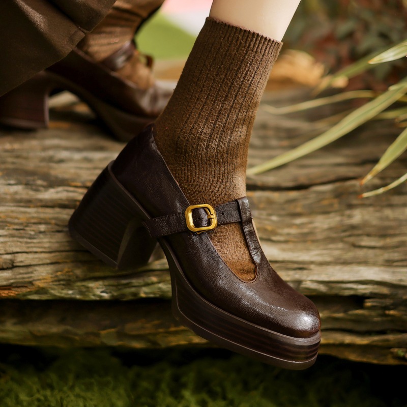 Sheepskin French Retro High Heel T Shape Buckle Thick Bottom Chunky