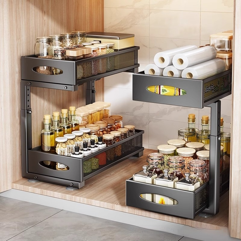 Pull-out Double-layer Lath Drawer Kitchen Cabinet Spice Jar Basket