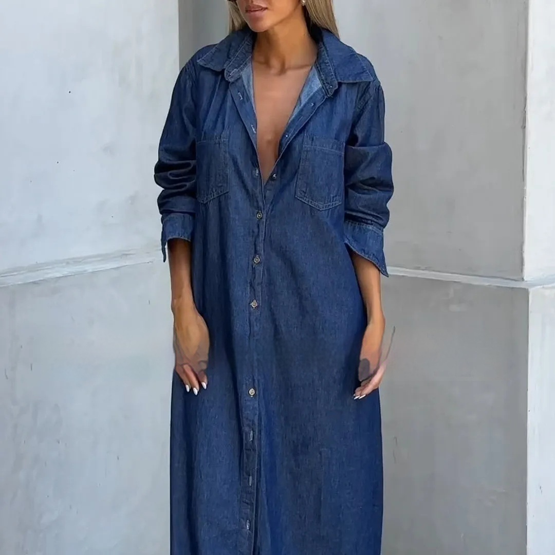 Women's Lapel Cardigan Long Sleeve Denim Skirts
