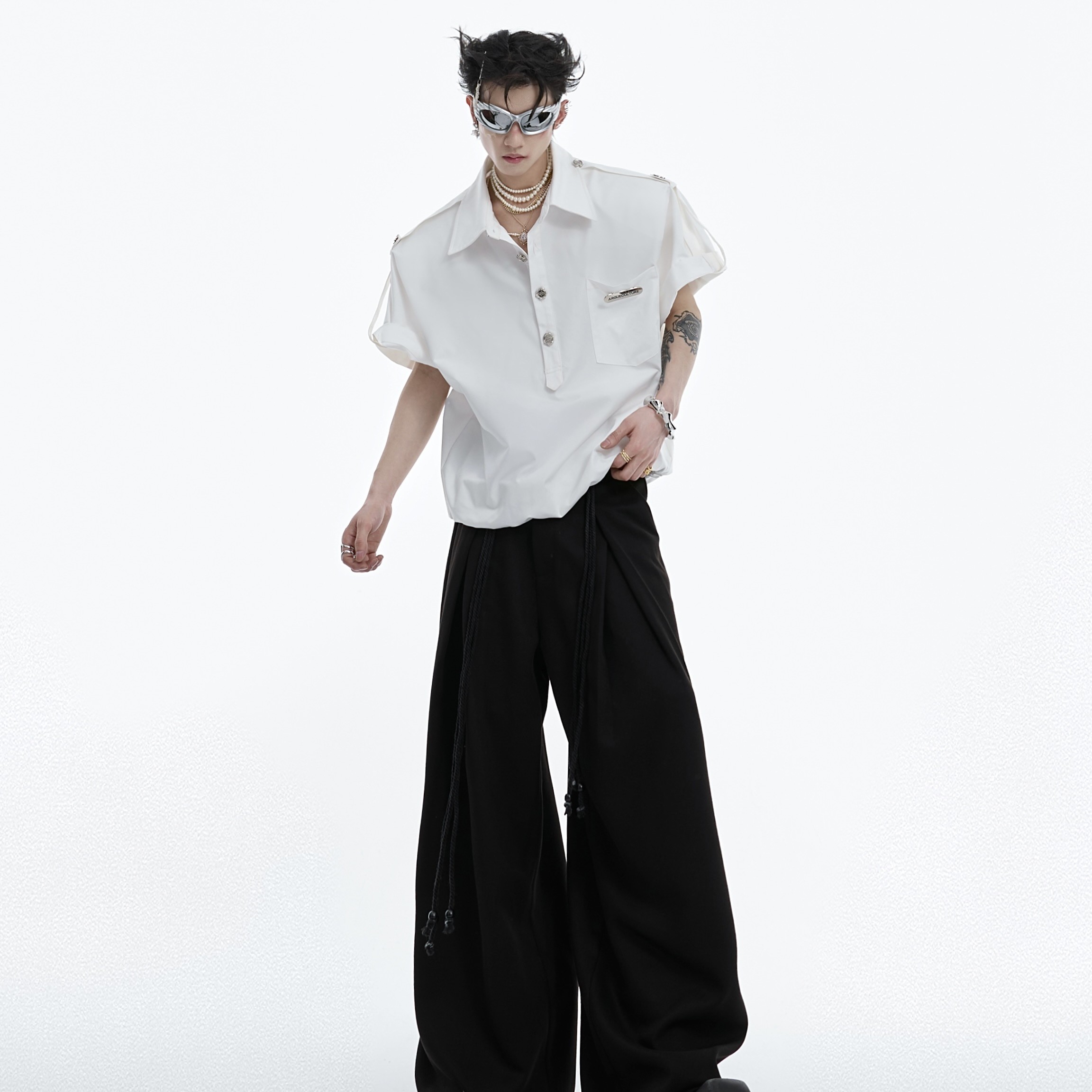 Metal Button Stitching Design Short Sleeve