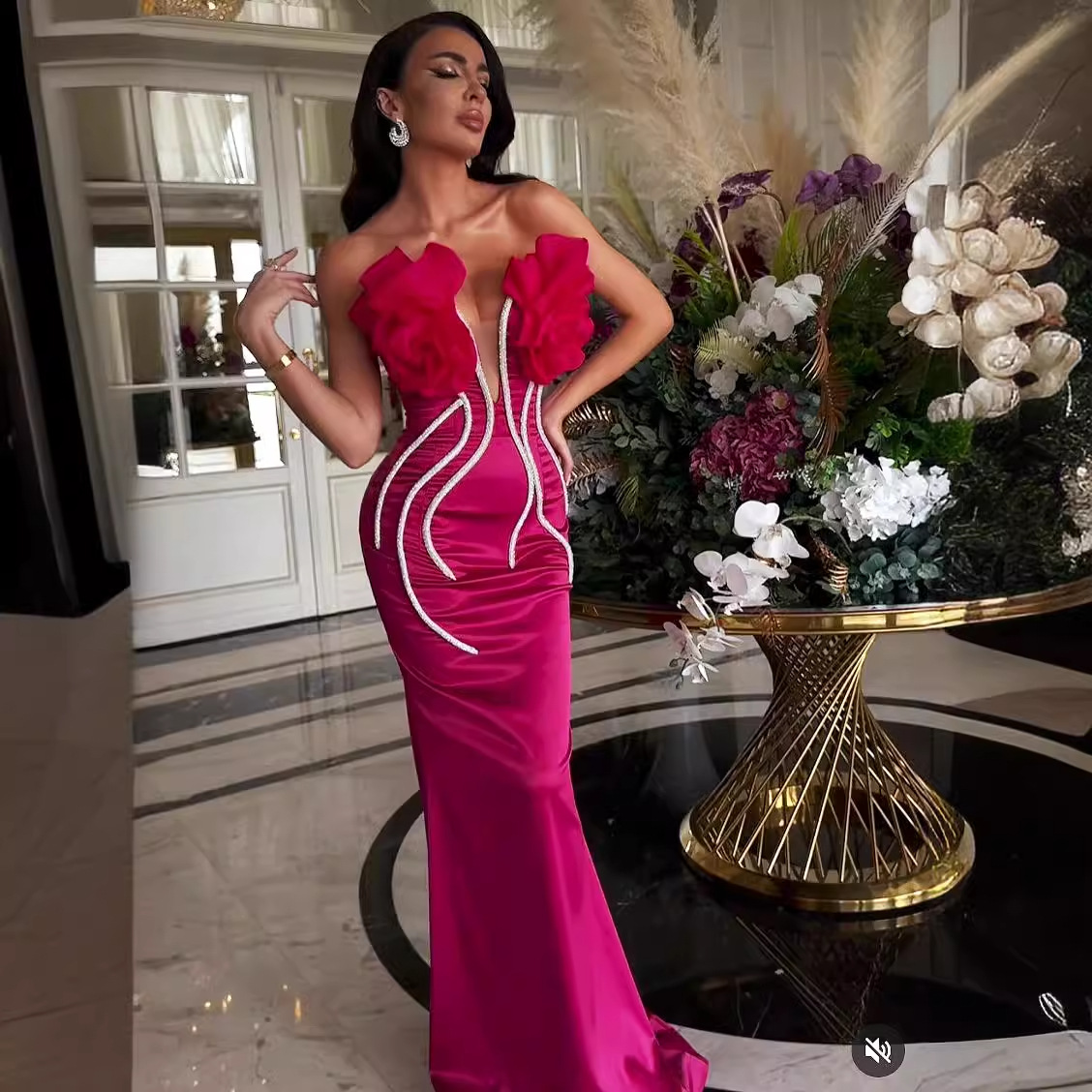 Decorative Flower Rhinestone Strip Tube Top Rose Red Dress Fashion Sweet