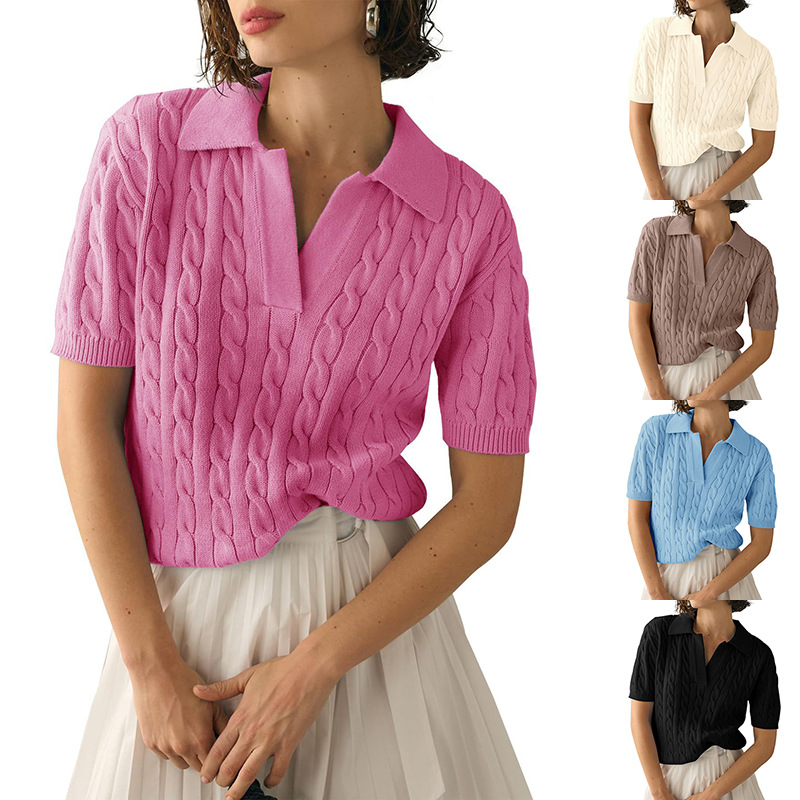 Women's Polo Collar Short-sleeved Knitted Sweater Casual Pullover Solid