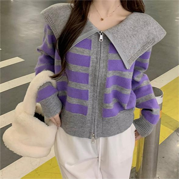 Sailor Collar Striped Sweater Coat Design Sense Niche Drilling