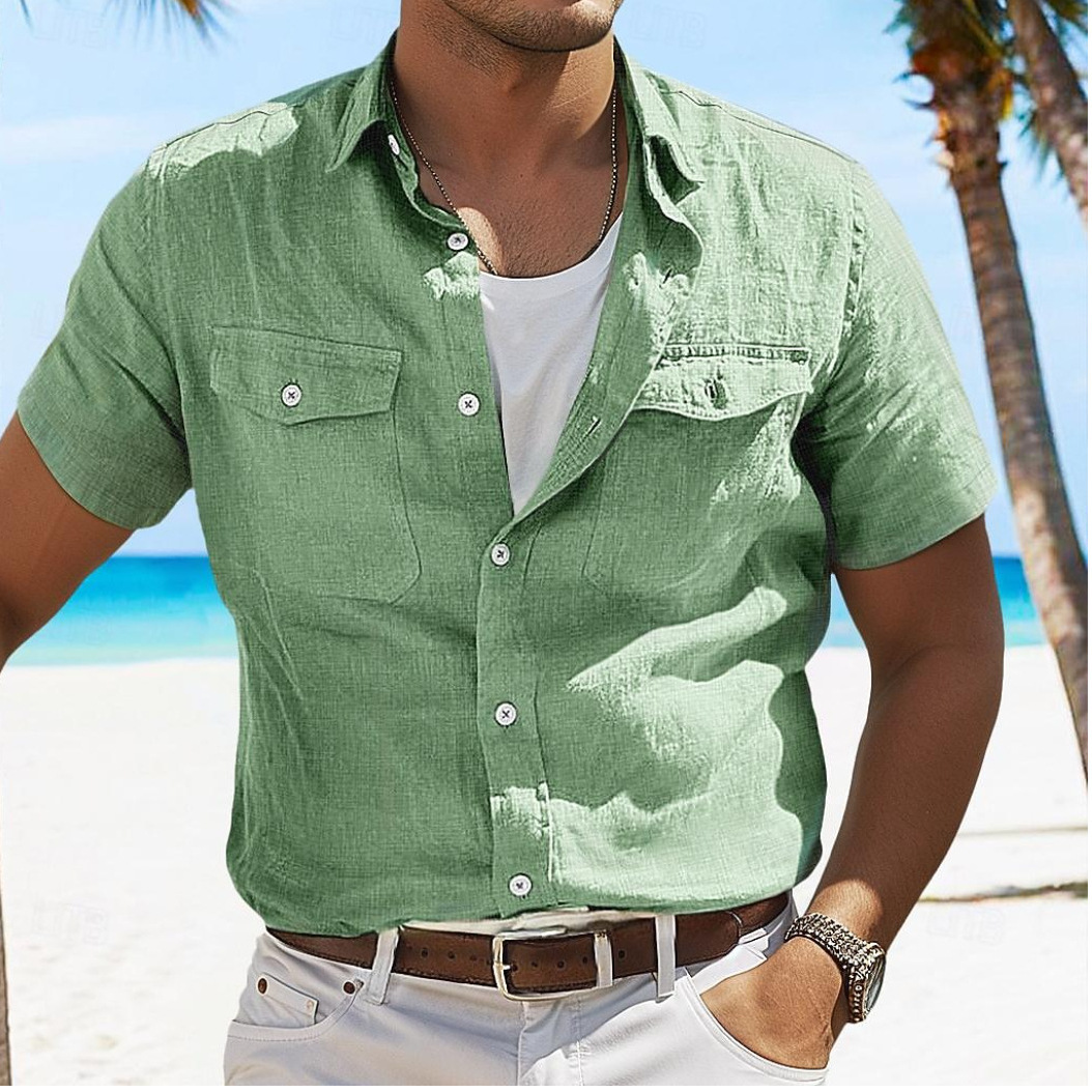 Men's Linen Summer Shirt Beach Solid Color Polo Collar Spring And