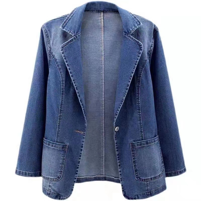 Denim Jacket Women's Slim Fit Suit Collar Solid Color Outerwear One