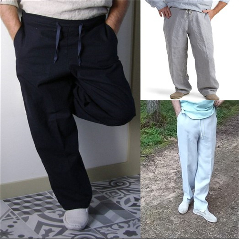 Men's Cotton And Linen Solid Color Drawstring Trousers
