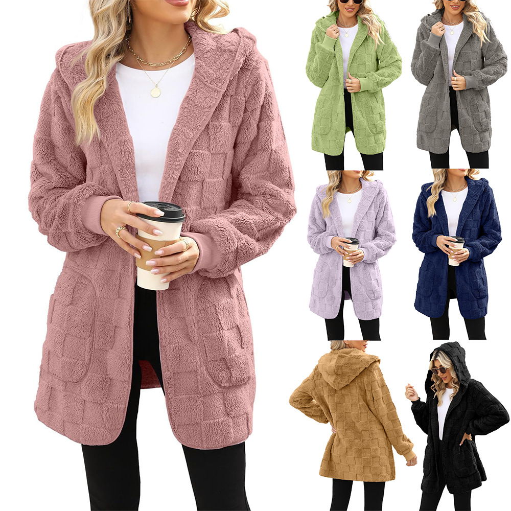 Cardigan Plaid Jacquard Hooded Pocket Plush Jacket