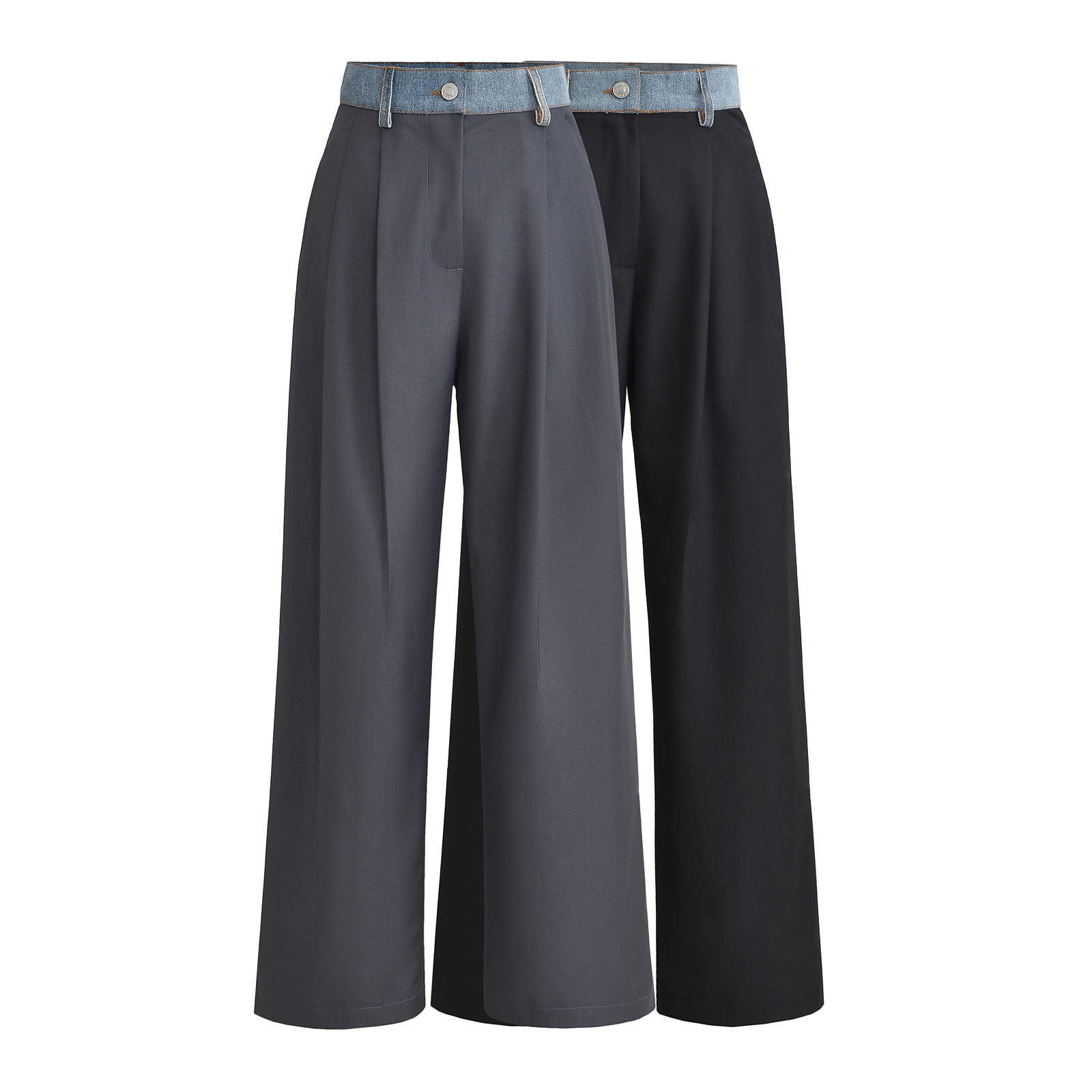 Color Contrast Patchwork Denim Waist High Loose Straight Casual Pants