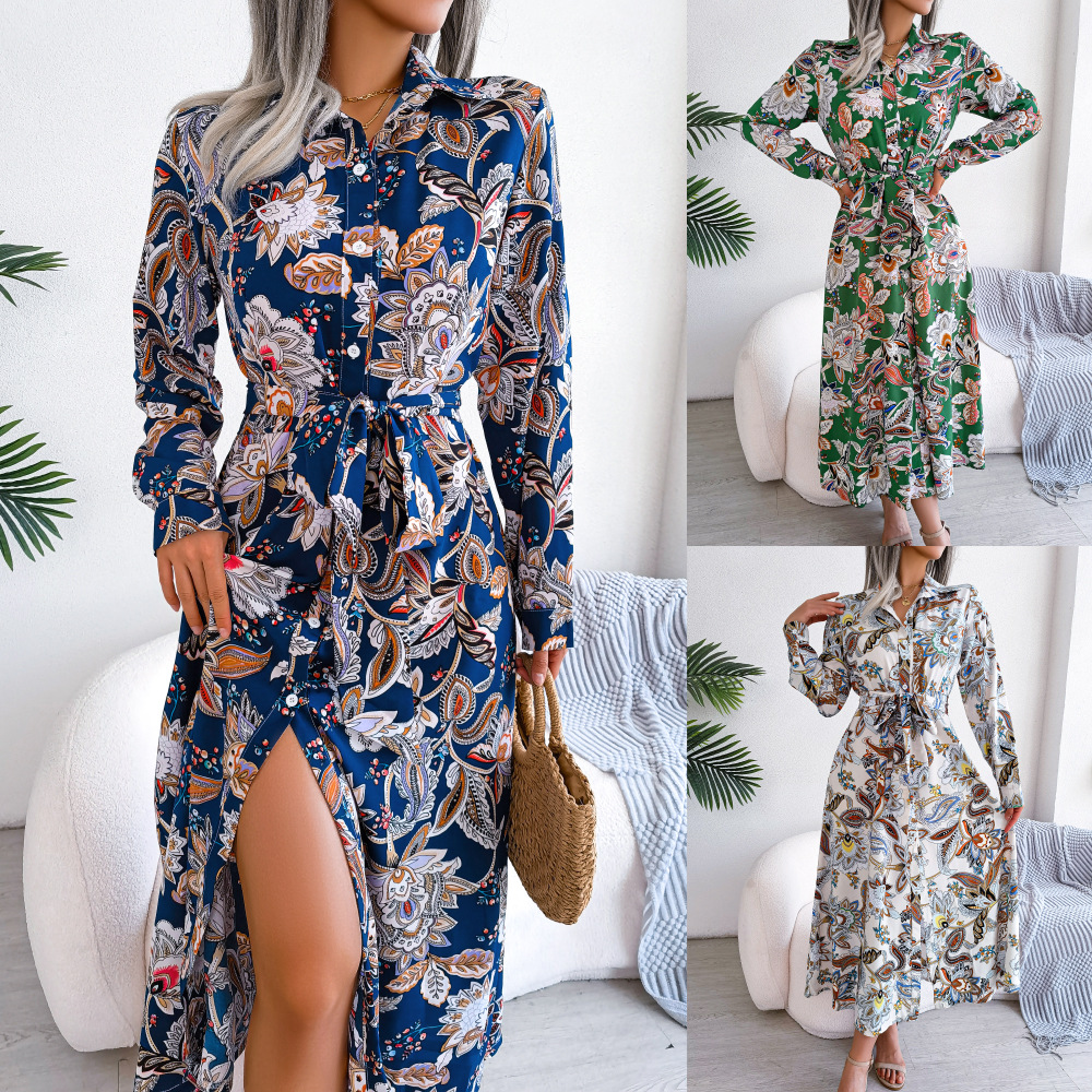 Retro Floral Stand Collar Belted Shirt Dress Long Skirt Women's Fashion