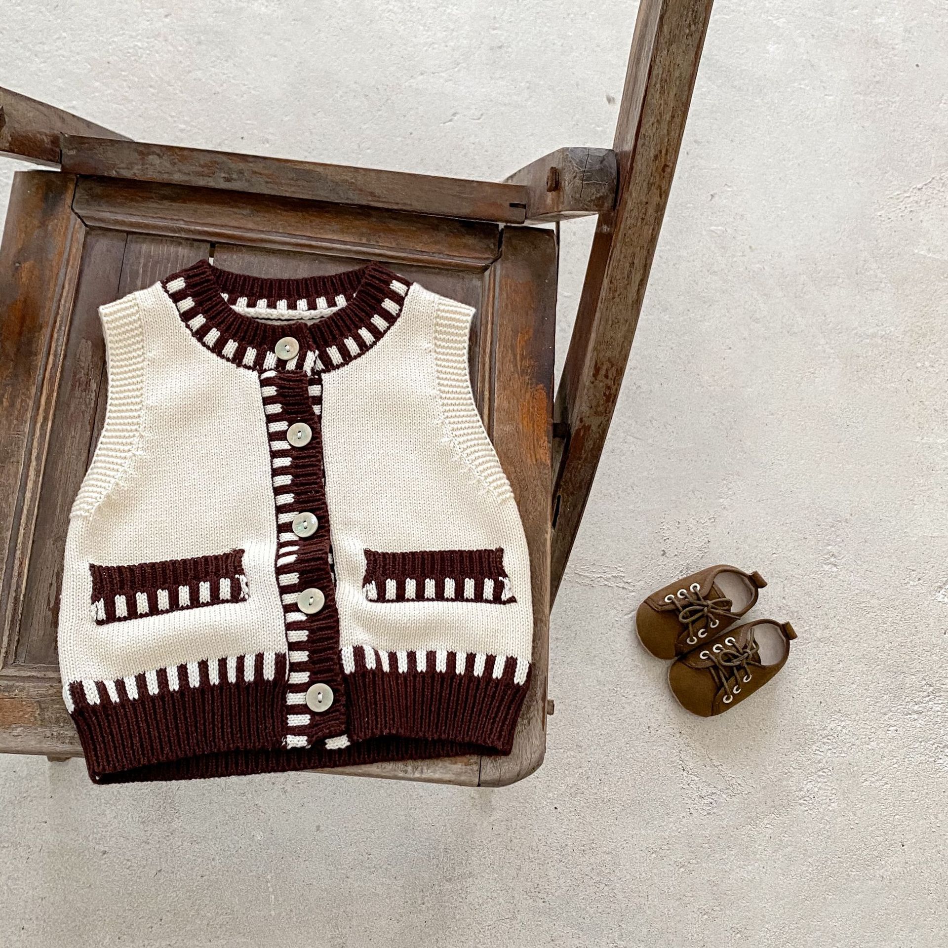Baby Boys And Girls Contrast Color Knitted Vest Cardigan Cotton Sweater