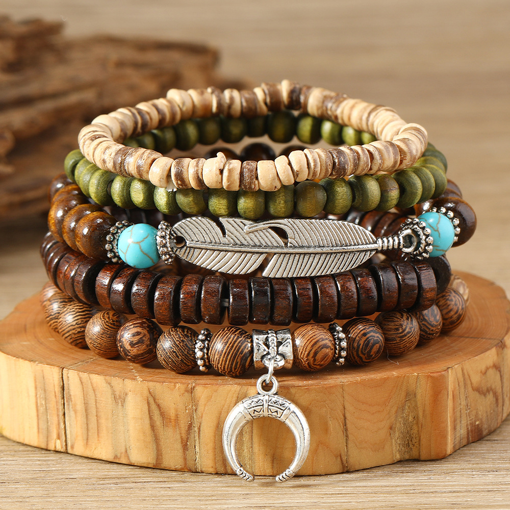 Simple Fashion Bohemian Feather Crescent Wooden Bead Bracelet