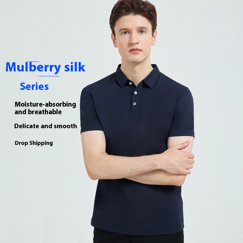 Mulberry Silk Polo Shirt Men's T-shirt Casual Short Sleeve Lapel