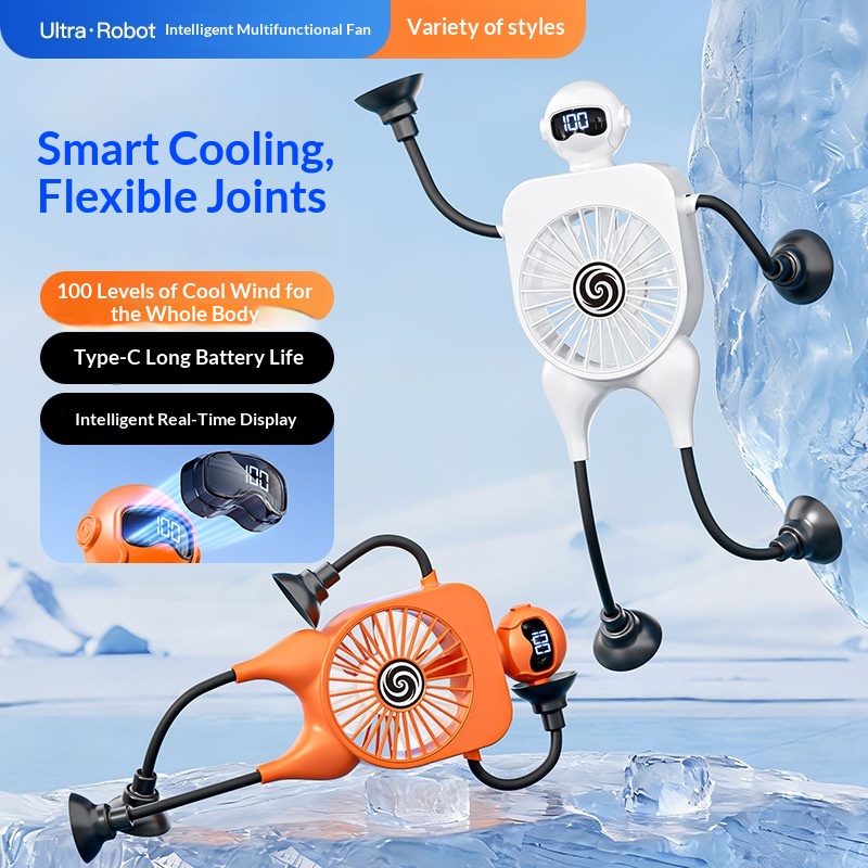 Robot Fan USB Rechargeable Desk Mini Digital Display Table With Suction