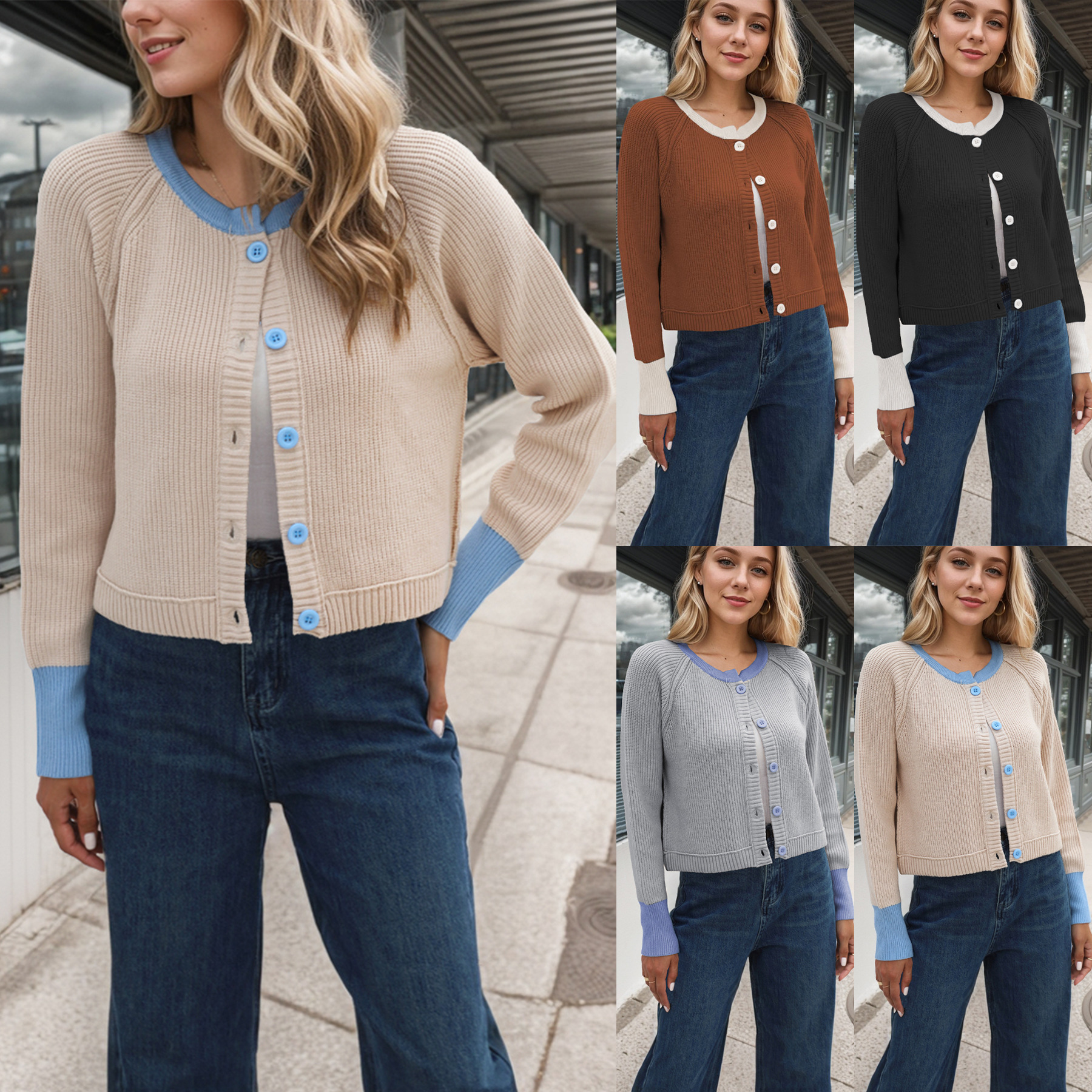Fashion Round Neck Single Row Button Contrast Color Coat For Women
