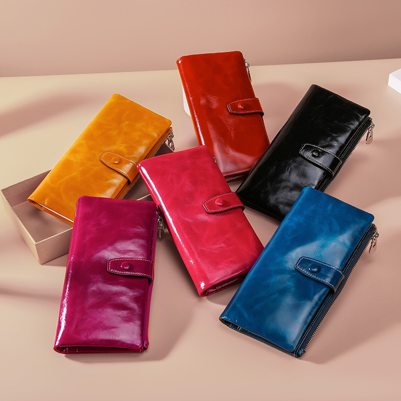 Women's Real Leather Long Multiple Card Slots Hand-held Retro Oil Wax