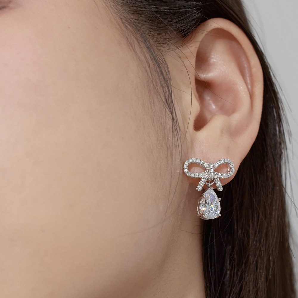 Silver S925 Pink Pear-shaped Water Drop Bow Design Niche Exquisite