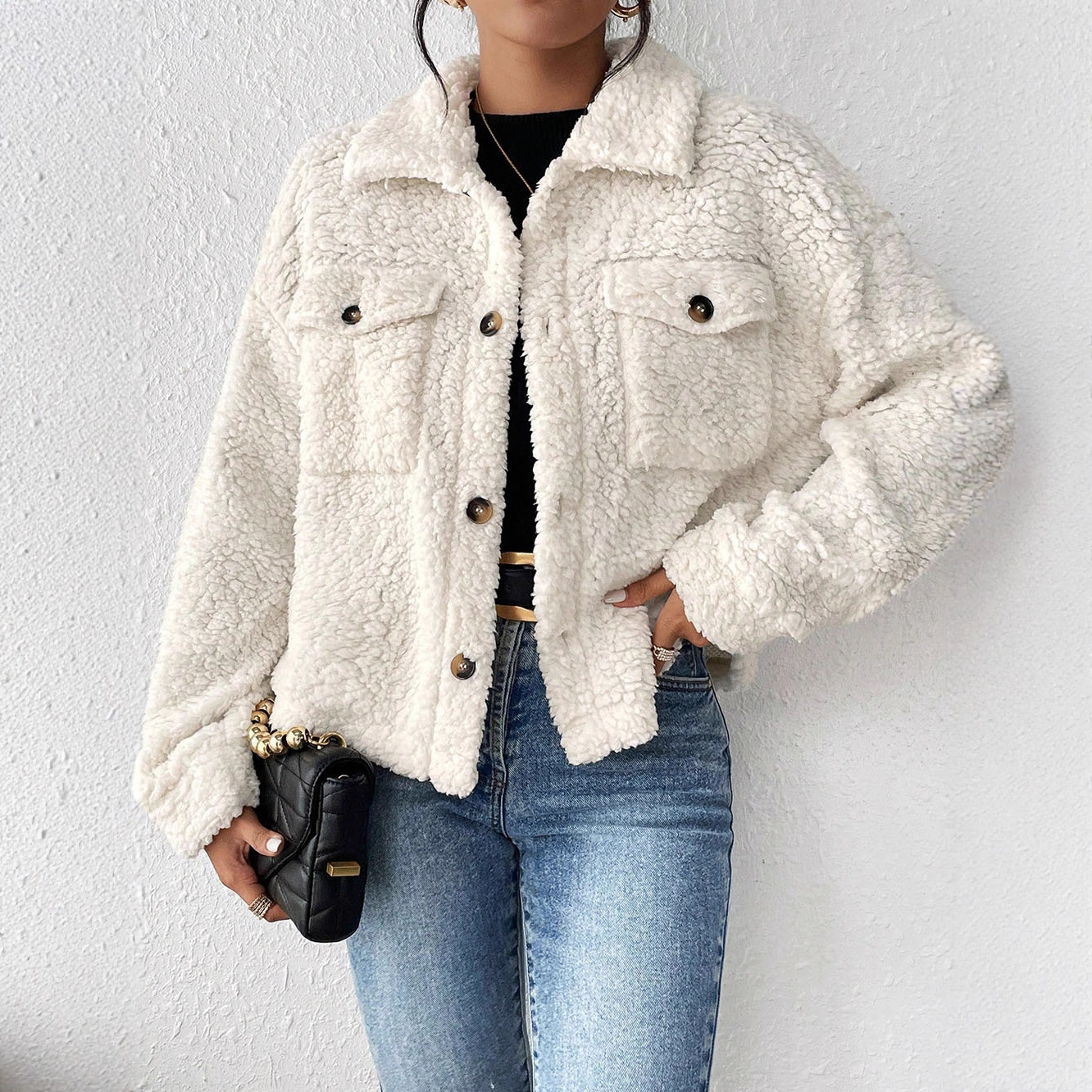 Women's Casual Polo Collar Plush Jacket Short