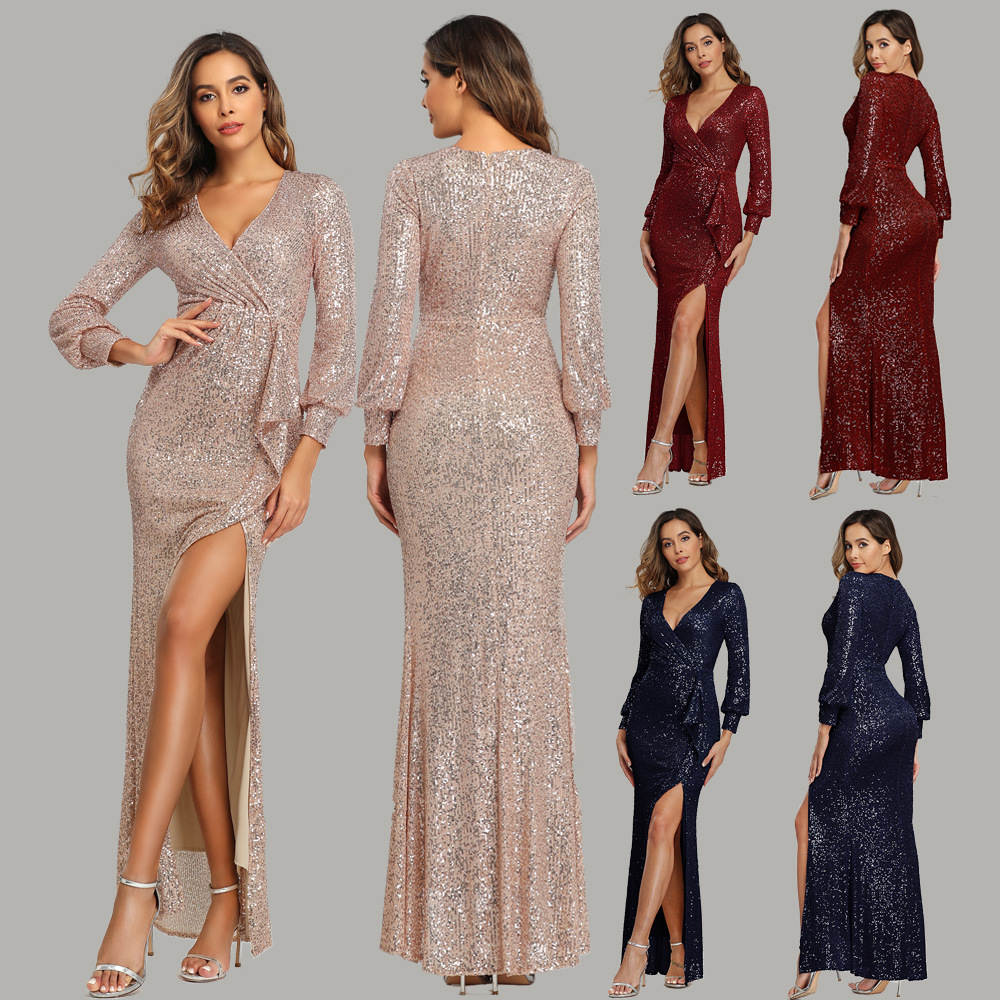 Fantasy Celebrity Sexy High Slit Long Sleeve Sequined Banquet Evening