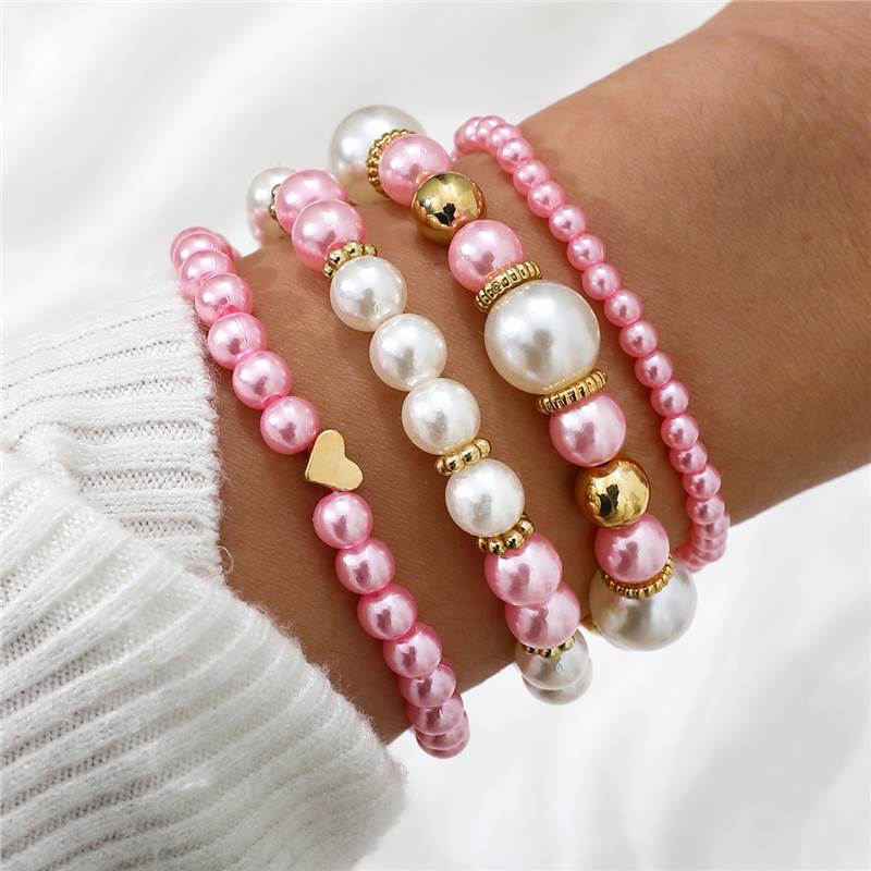 4pcs Set Simple White Faux Pearls Beads Beaded Heart Temperament