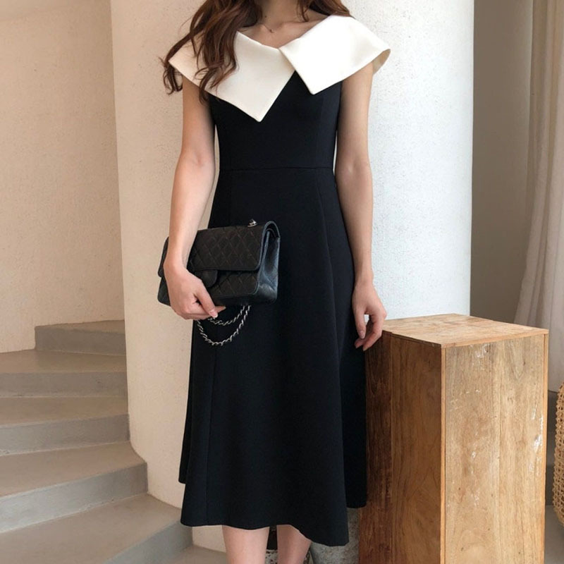 Lapel And Waist Tight Slimming Sense Of Design Long Pleated Sleeveless