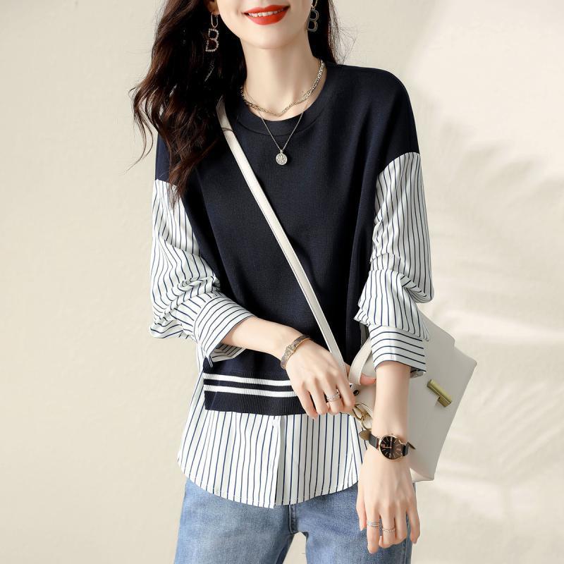 Slimming Stripes False Two-piece Patchwork Shirt All-matching Graceful