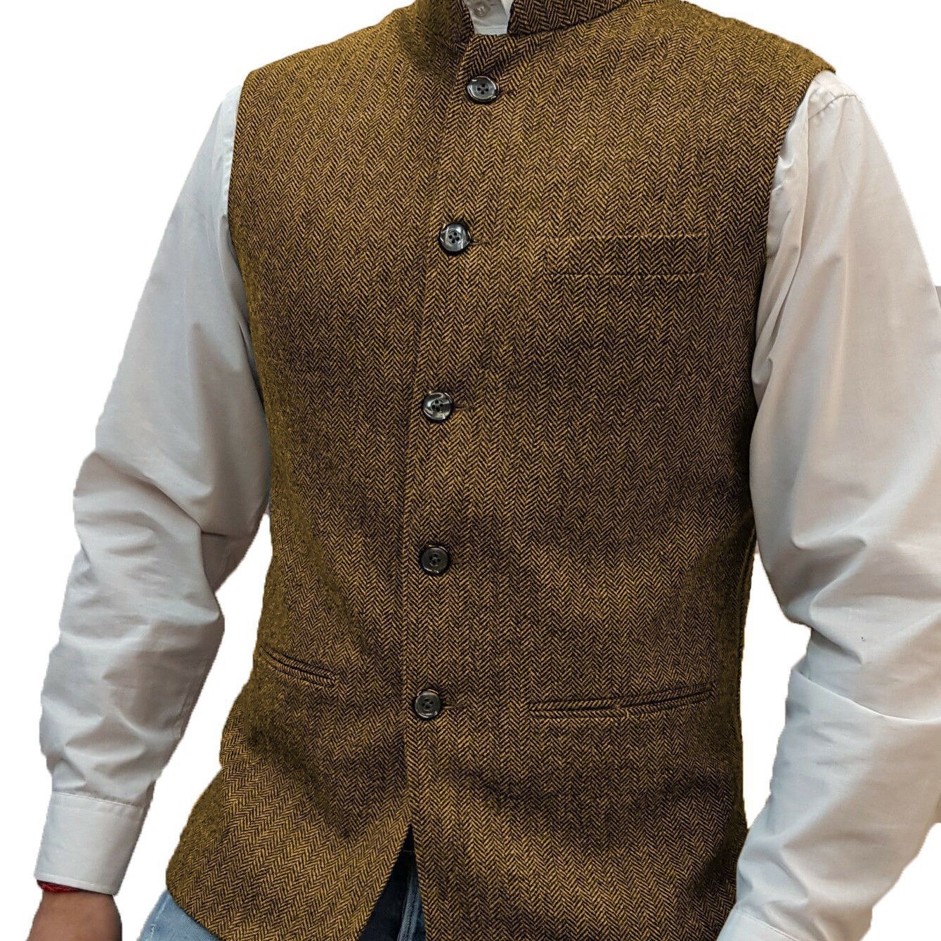 Zhongshan Collar Herringbone Pattern Vest Man