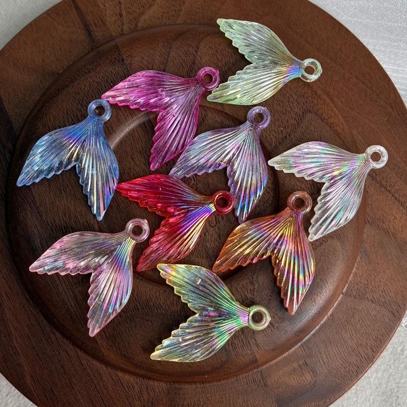 AB Coated Acrylic Mermaid Tail Beads Iridescent Fin Charms With Top Loop