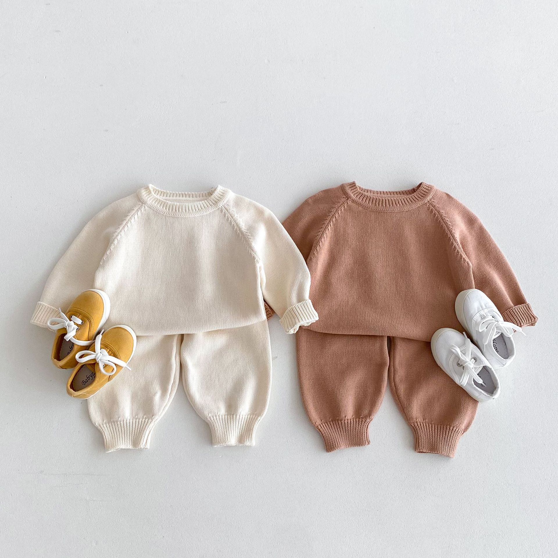 Pullover Raglan Long Sleeve Top And Trousers Autumn Winter Knitting Suit