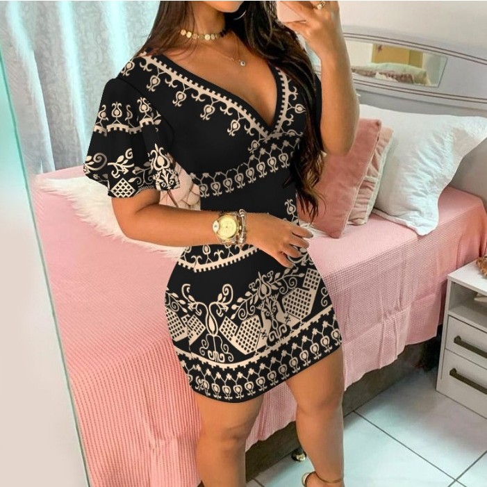 V-neck Short Sleeve Sheath Print Dress
