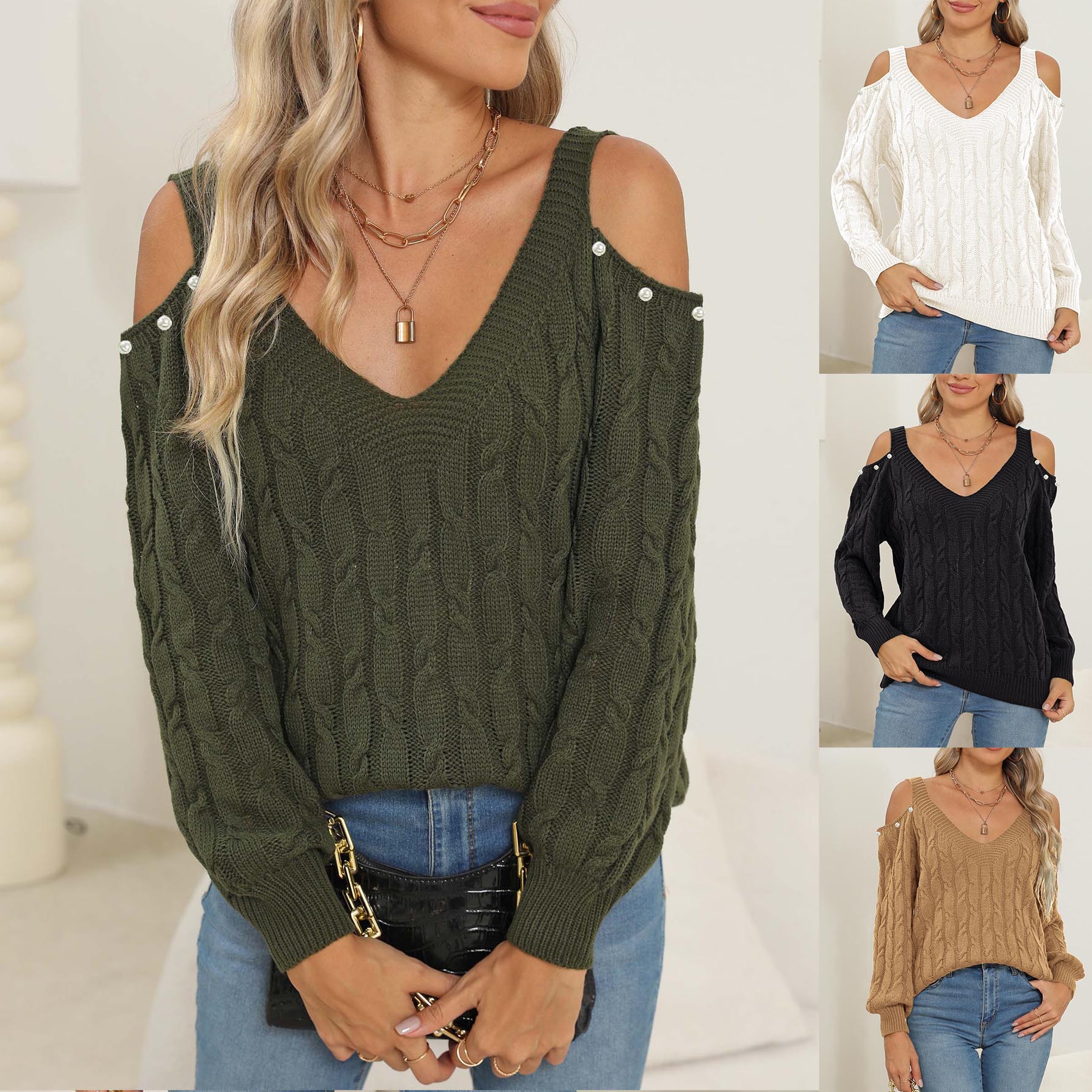 Woven Bottoming Shirt Deep V Off-the-shoulder Pullover Loose Sweater