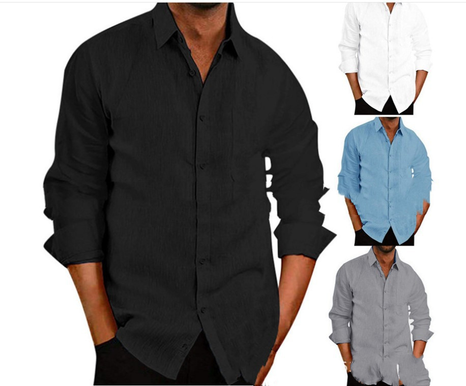 Fall Lapel Solid Color Long-sleeved Button Cotton And Linen Men's Shirt