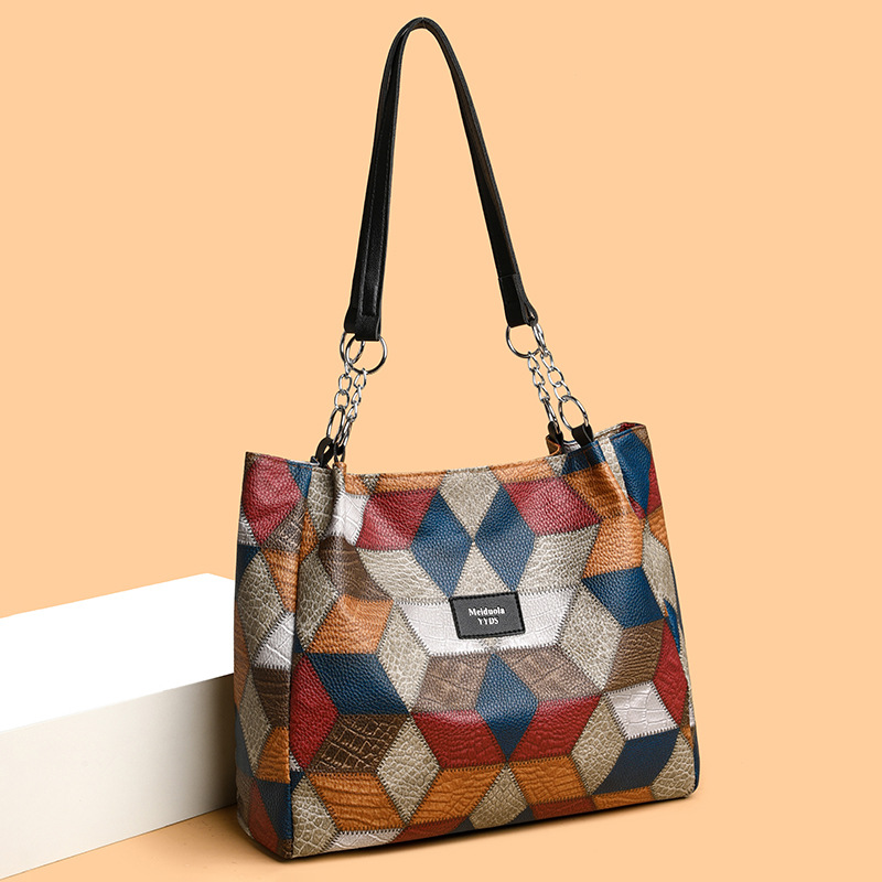 Retro Geometric Pattern Color-matching Shoulder Bag Fashion Large