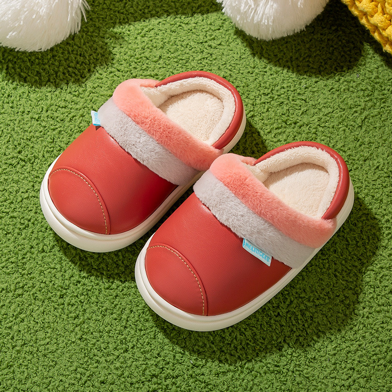 Children's Simple PU Leather Waterproof Cotton Slippers