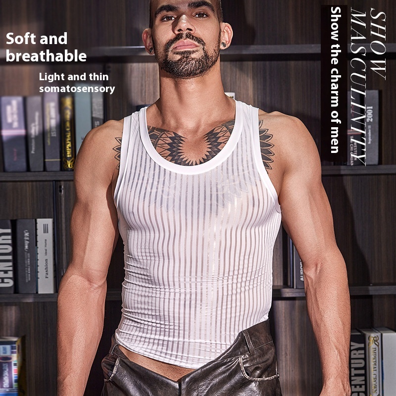 New Men's Cross-strap Vest Striped Thin Transparent High Elastic