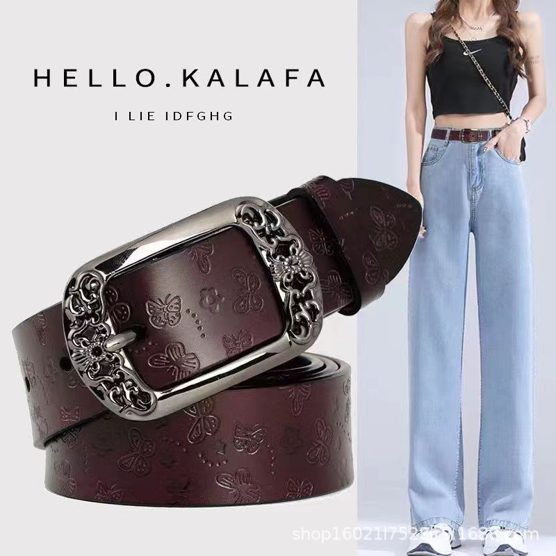 Retro Pin Buckle Printed Belt Fashion Casual Decorative Jeans Pant