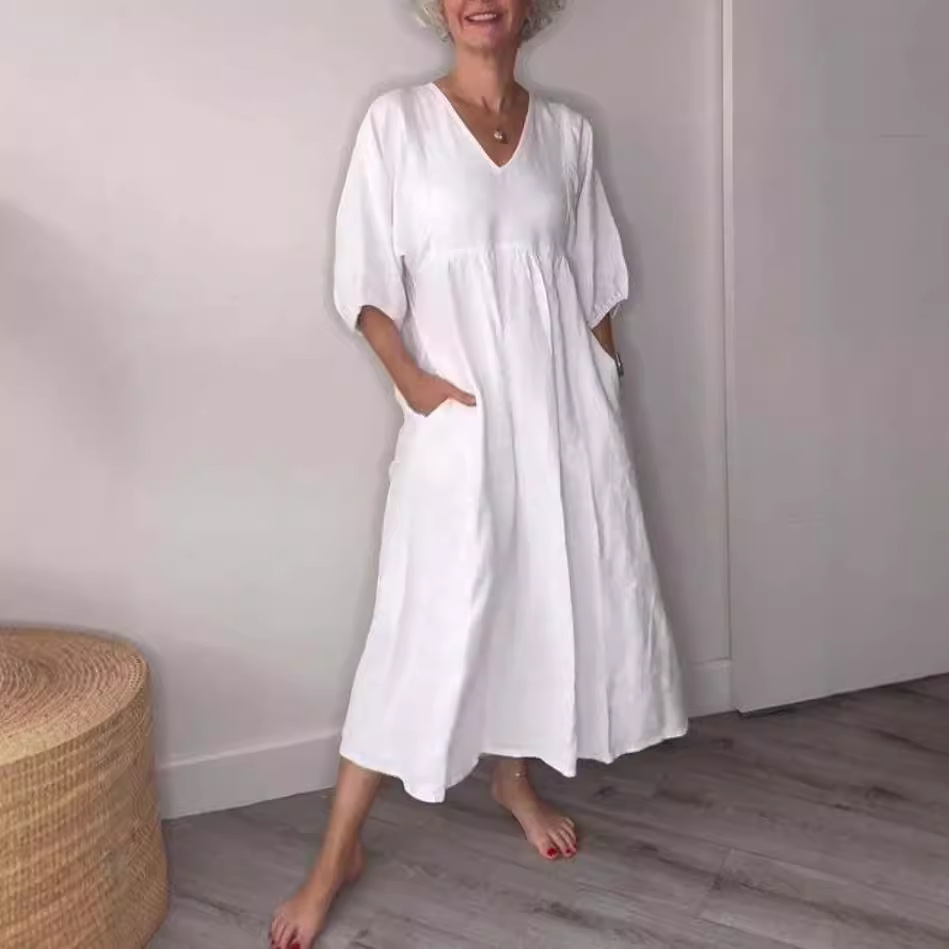 Cotton And Linen Deep V-neck Pleated Solid Color Casual Pocket Dress