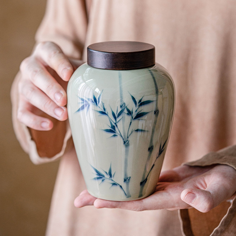 Grass And Wood Gray Hand Painted Bamboo Large Tea Jar
