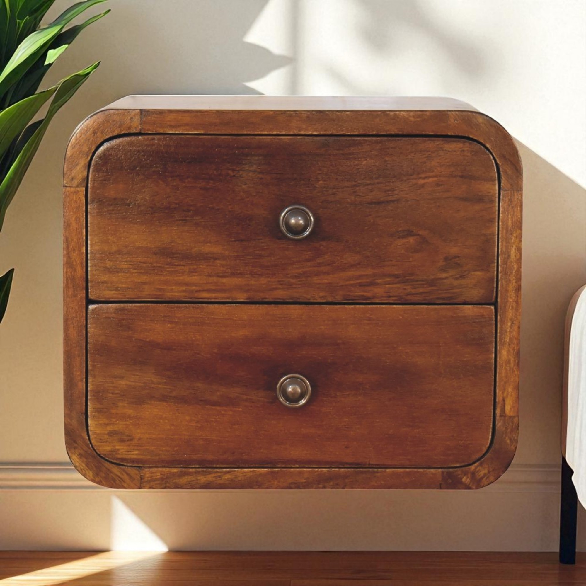 Solid Wood Floating Mini Chestnut Bedside 2 Drawers Dark Brown