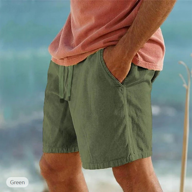 Cotton Linen Drawstring Elastic Waist Solid Color Breathable Bermuda