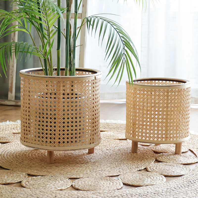 Handmade Woven Flower Pot Bamboo Green Plant Stand Floor Ornaments
