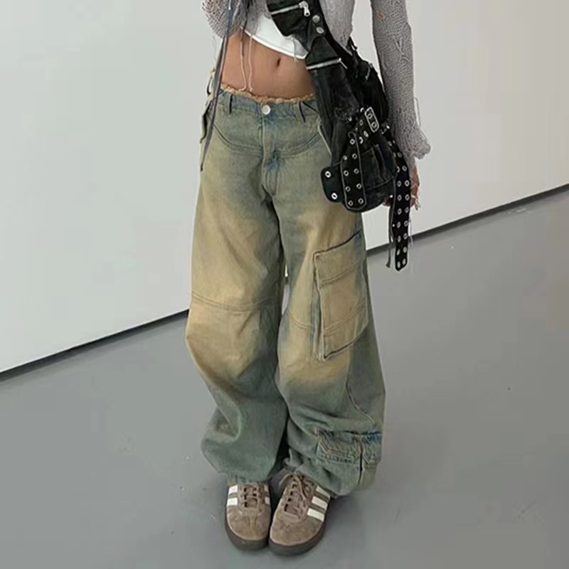 Retro Worn Looking Washed-out Low Waist Loose Pockets Stitching Edging