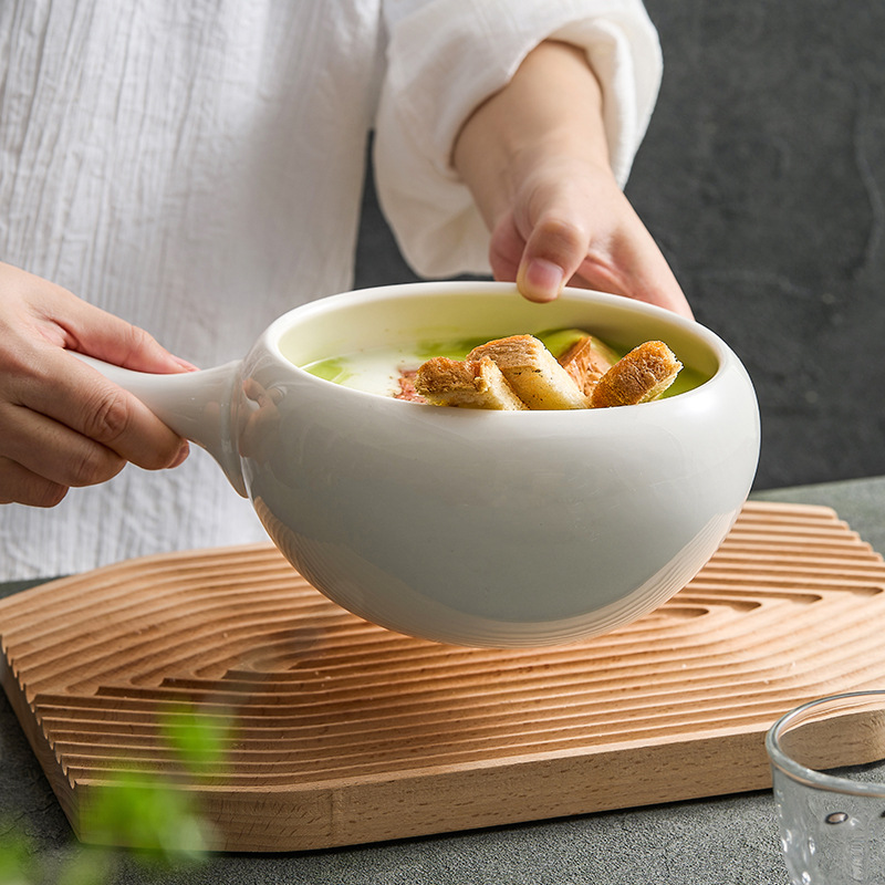 White Handle Large Capacity Breakfast Bowl Ceramic Salad Noodle