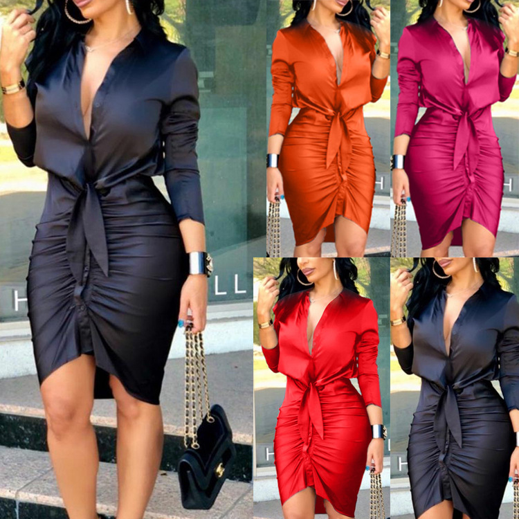 Women Lace-up Solid Color Long Sleeve Midi Dress Shirt Elegant Fashion