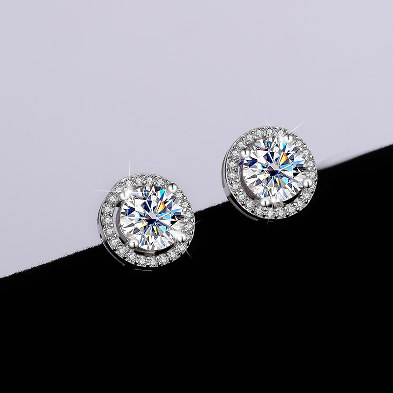 S925 Sterling Silver Genuine Goods Moissanite Round Bag Stud Earrings