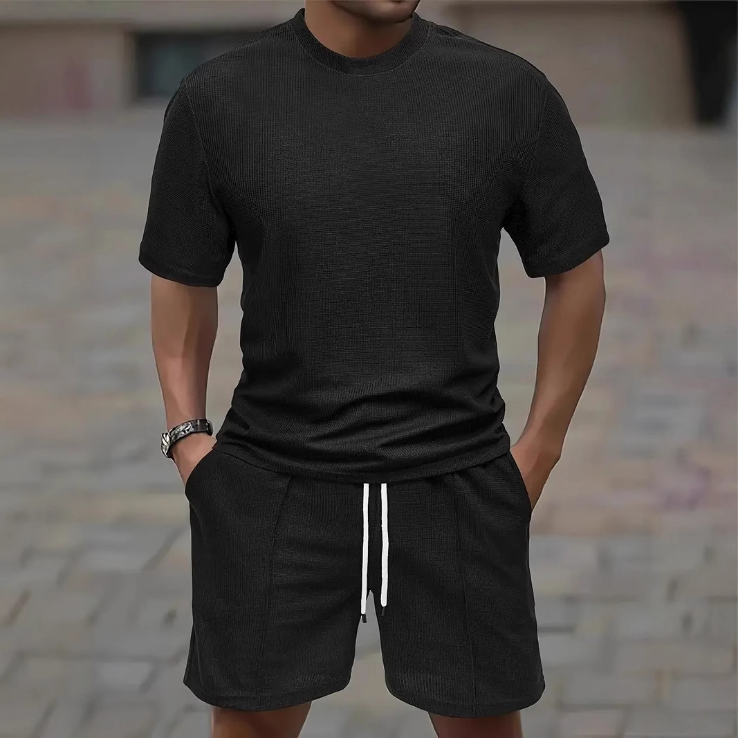 Waffle Texture Short Sleeve Blouse And Pants Men's Summer